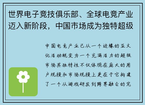 世界电子竞技俱乐部、全球电竞产业迈入新阶段，中国市场成为独特超级市场
