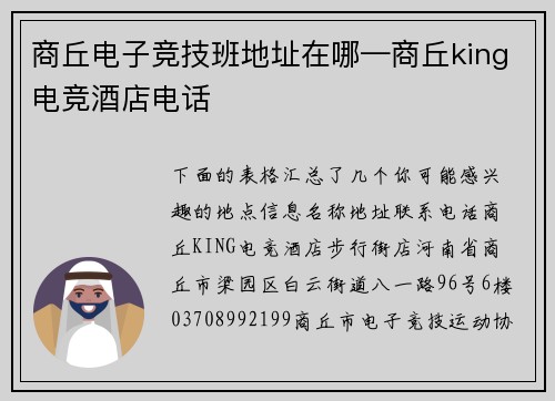 商丘电子竞技班地址在哪—商丘king电竞酒店电话